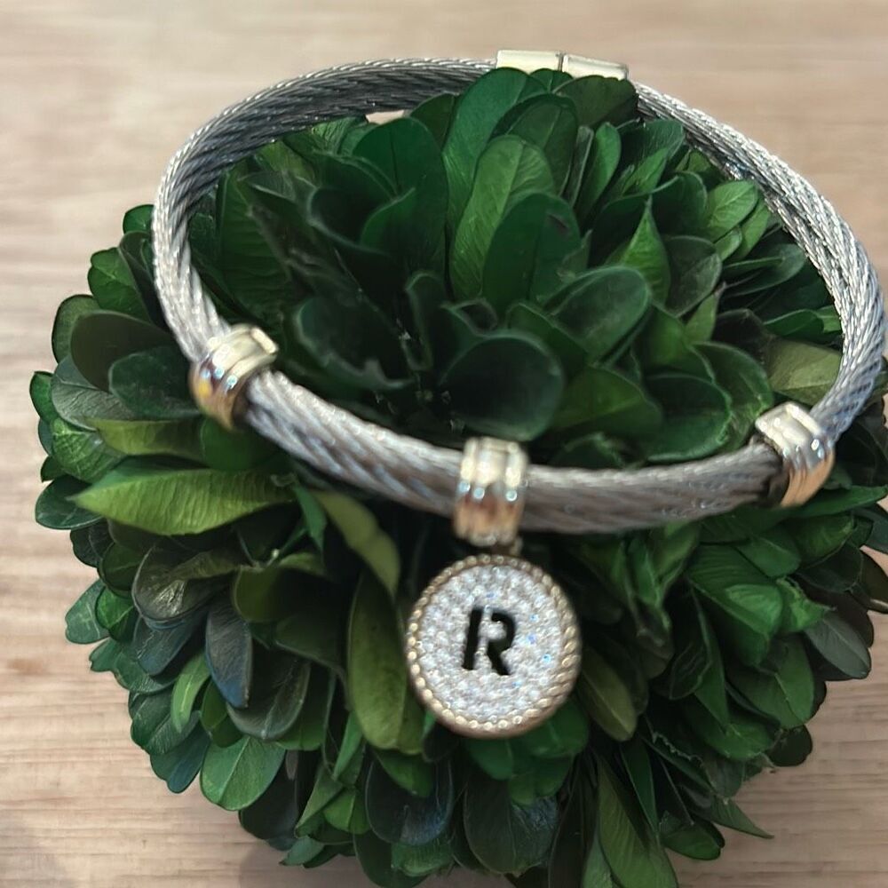 R initial silver and gold cable rhinestone costume bracelet bangle